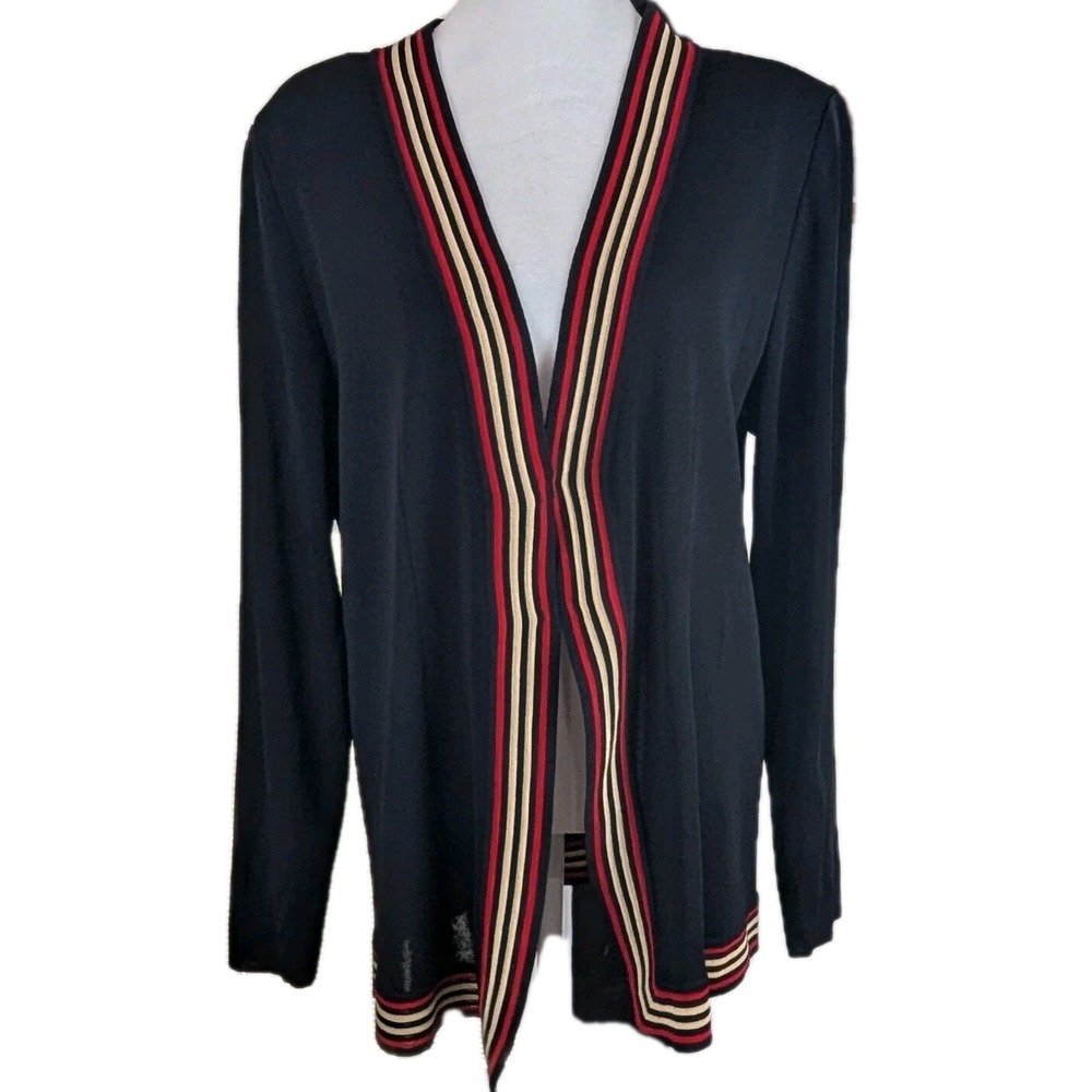 Misook‎ Cardigan Blazer Sz Large Black Red Gold Hook-Eye Close Career Office